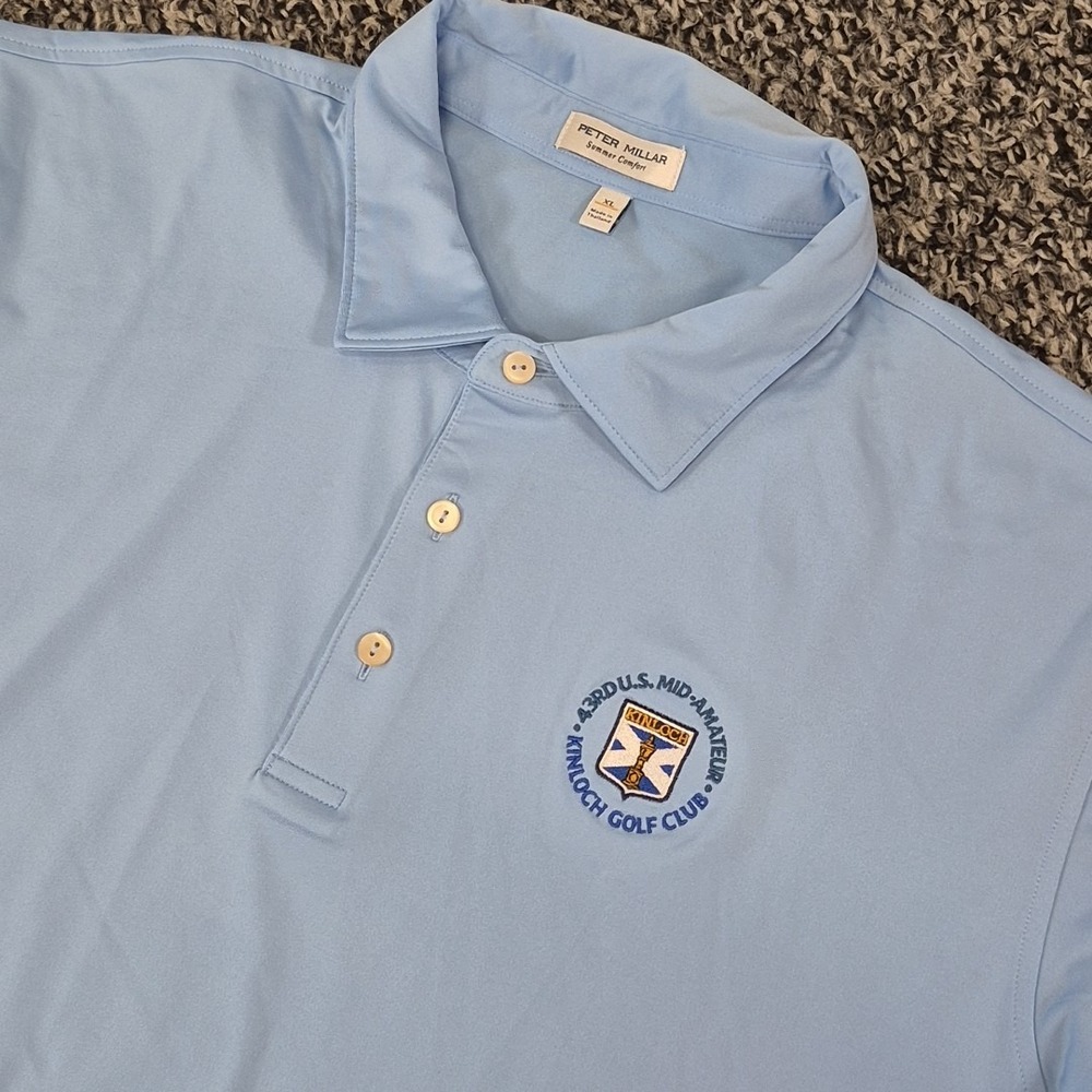 Peter Millar Summer Comfort Mens XL Polo Golf Solid Blue‎ Course Logos
